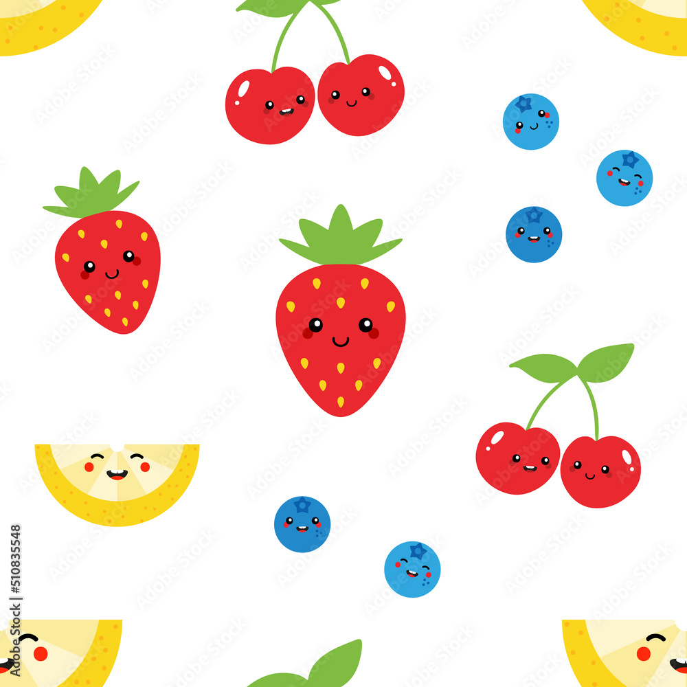 Vector seamless pattern background with funny and smiling cherry, strawberry, lemon, blueberries characters for food design.
Vector seamless pattern background with funny and smiling cherry, strawberry, lemon, blueberries characters for food design.