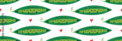 Wide horizontal vector seamless pattern background with cartoon style green peas characters sitting in pod and red hearts.
