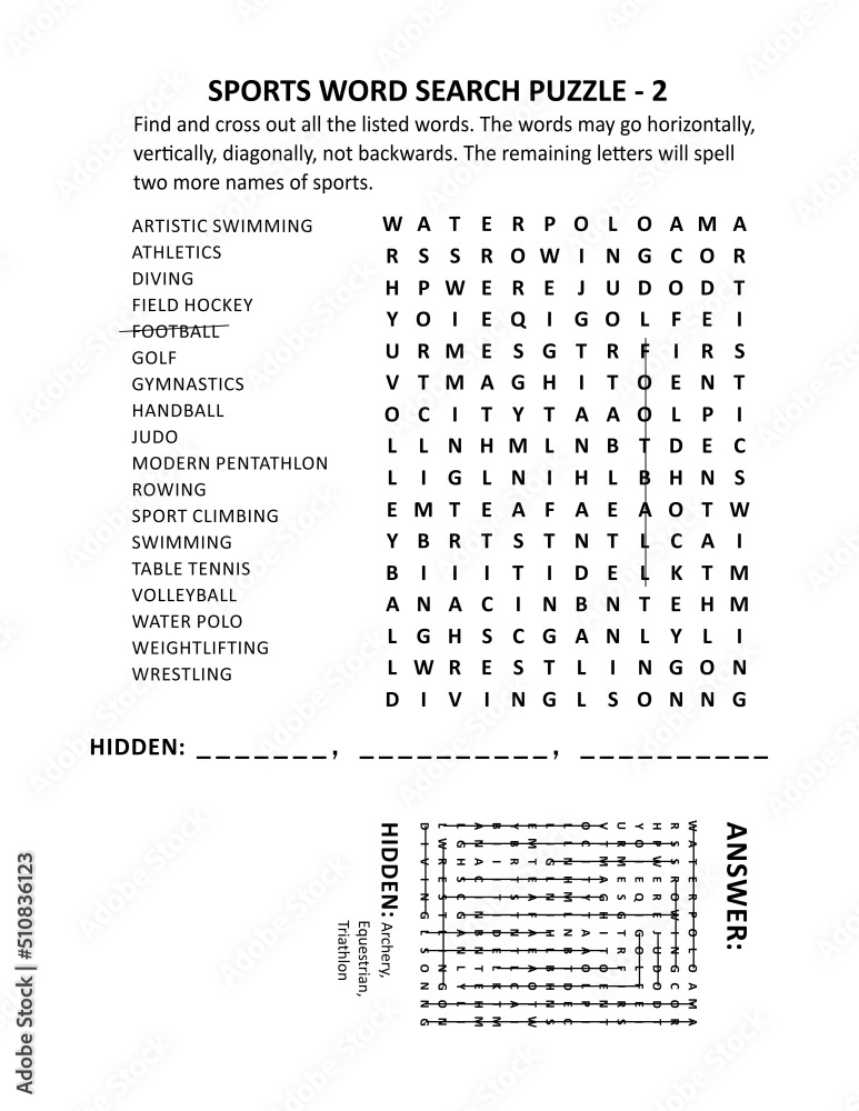 Vecteur Stock Sports word search puzzle - 2. Suitable both for kids and  adults. Answer included. | Adobe Stock