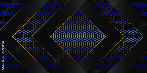 Abstract blue hexagonal hue background with black geometric shapes with gold edges stacked on top of each other. vector illustration 3d