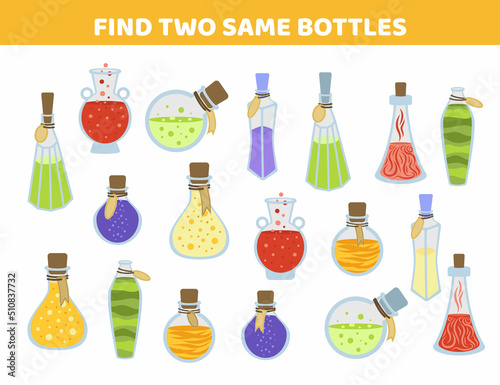 Potion bottles. Find two same pictures. Game for children. Flat, cartoon, vector