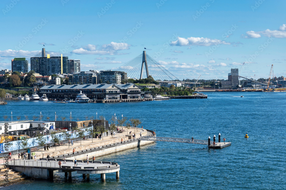 View of the harbor with Anzac Bridge in the background. Sydney, Australia.