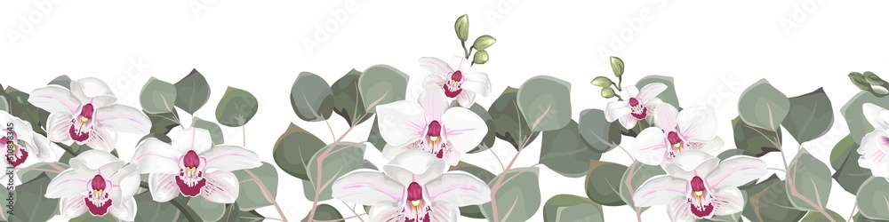 Vector seamless border. Eucalyptus, pink orchid, green plants and leaves. 