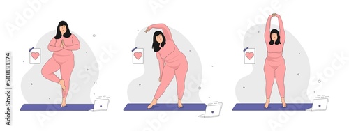 Set of Yoga exercises. Cute Overweight girl doing Yoga. Concept of love for your Body and Body Positive and healthy lifestyle. Hand drawn in thin Line style. Vector illustration.