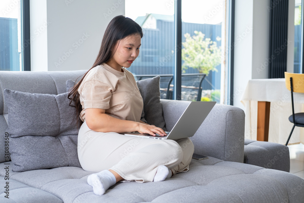 beautiful young asian woman in casual cozy clothes using laptop sitting on couch at modern apartment beautiful young asian woman in casual cozy clothes using laptop sitting on couch at modern apartment