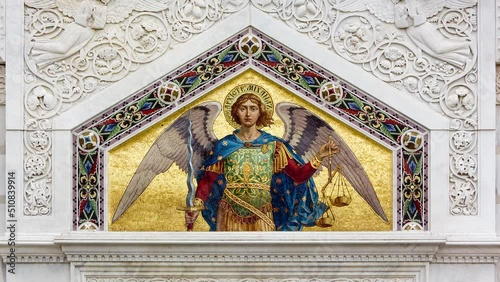 Mosaic of an angel on the facade of St Spyridon Serbian orthodox church in Trieste, Italy