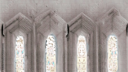 2D illustration - an interior of old church with glazing windows, abstract painting, watercolor, enfilade photo