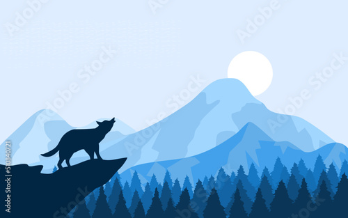 wolf on the rock with mountain range and pine tree forest on the background