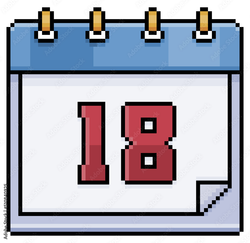 Pixel art calendar with date 18. Day 18. Holiday day 18 vector icon for 8bit game on white background
Pixel art calendar with date 18. Day 18. Holiday day 18 vector icon for 8bit game on white background