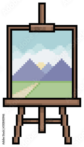 Pixel art wooden easel with painting frame vector icon for 8bit game on white background
