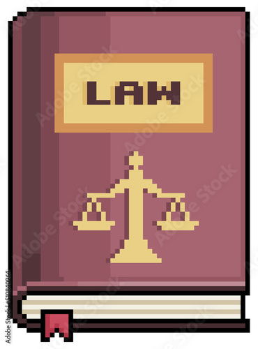 Pixel art law book. Book of legislation and legal law vector icon for 8bit game on white background
