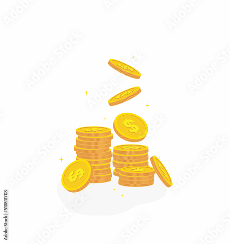 Coin stack. Golden stacks of dollar coins. Flat. Isolated