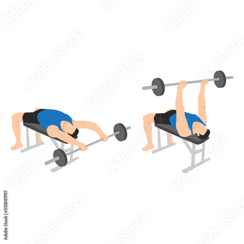 Man doing Barbell pullover exercise. Flat vector illustration isolated on white background
