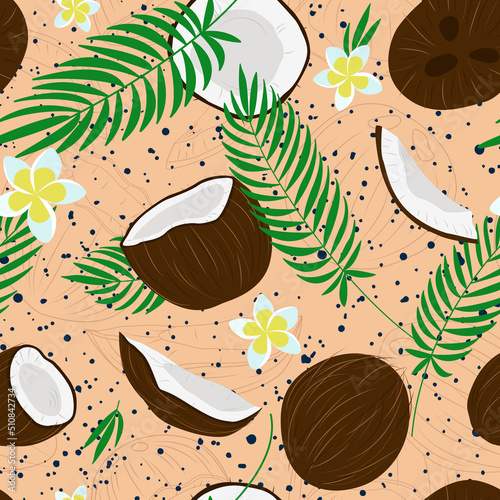 Coconut tropical seamless pattern with palm leaves, plumeria and texture