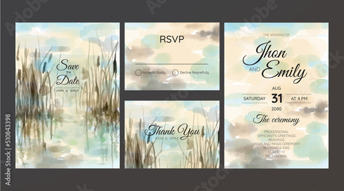 Set of Wedding Invitation, floral invite, thank you, rsvp rustic card design with gold foil decoration. Vector elegant modern template, trendy cover, graphic poster, retro brochure, design template