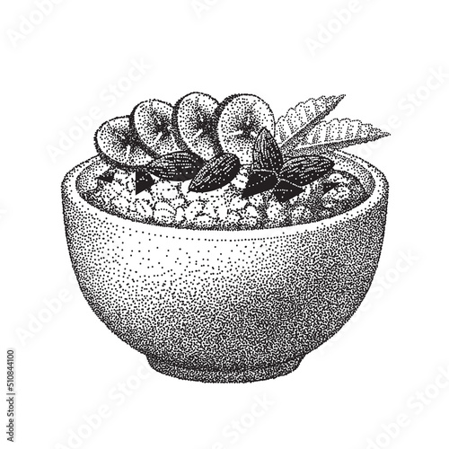 Granola in bowl with banana, almond nuts, chocolate, mint leaves. Oatmeal breakfast, oat grain porridge. Cereal food, muesli flakes. Vector sketch.