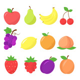 Flat cute cartoony vector illustration of fruits and berries set, apple, pear, bananas, cherry, grape, lemon, orange, peach, strawberry, raspberry, plum, apricot