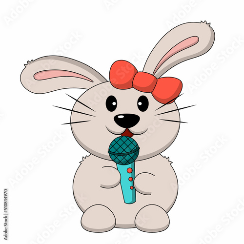Cute cartoon Rabbit and microphone. Draw illustration in color