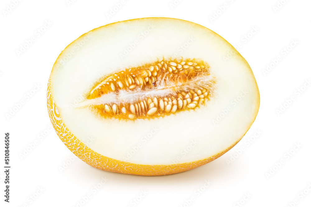 Appetizing and juicy cut melon isolated on a white background. A lot of seeds in the pulp of the fruit. Appetizing and juicy cut melon isolated on a white background. A lot of seeds in the pulp of the fruit.