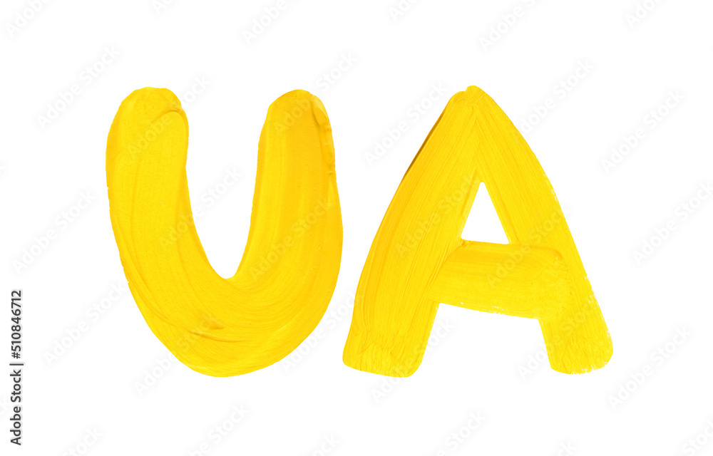 The abbreviation UA is like a symbol of a country that is fighting for freedom. Yellow color.Hand drawn on a white background. . The abbreviation UA is like a symbol of a country that is fighting for freedom. Yellow color.Hand drawn on a white background. .