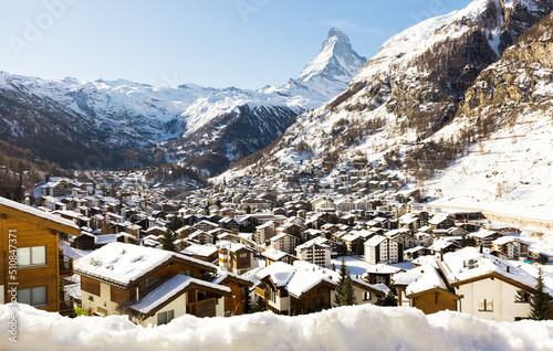 Winter mountain landscape. Snowy mountain Matterhorn during the day in winter. Zermatt, swiss alps