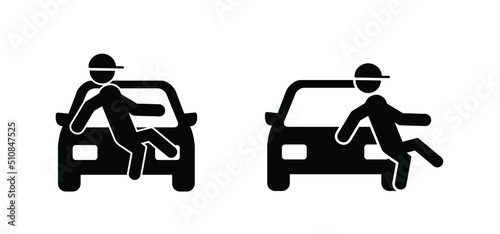 traffic accident. stickman, stick figure man, person falls down for a car icon. Falling man for the cars. cartoon auto sign or symbol. Dangerous,  safety oad sign, fall pitcogram. Kids playing. 