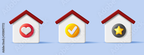 Set of 3d icons of house with different symbols as heart an star