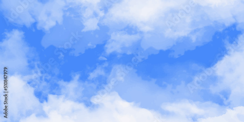 Blue skies with white clouds background. Romantic sky. Abstract nature background of romantic summer blue sky with fluffy clouds. Beautiful puffy clouds in bright blue sky in day sunlight.  