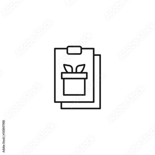 Document, office, contract and agreement concept. Monochrome vector sign drawn in flat style. Vector line icon of giftbox on clipboard