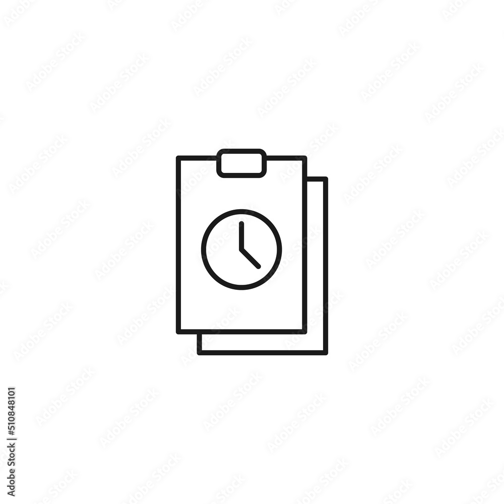 Fototapeta premium Document, office, contract and agreement concept. Monochrome vector sign drawn in flat style. Vector line icon of clock on clipboard