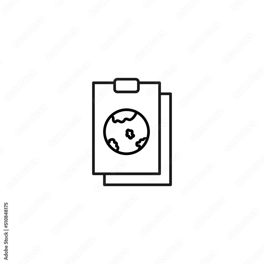 Document, office, contract and agreement concept. Monochrome vector sign drawn in flat style. Vector line icon of earth planet on clipboard Document, office, contract and agreement concept. Monochrome vector sign drawn in flat style. Vector line icon of earth planet on clipboard