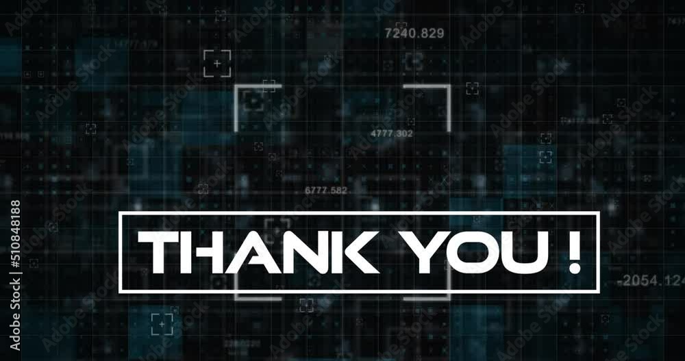 Animation of thank you over data processing on black background Animation of thank you over data processing on black background