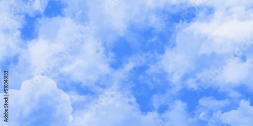Blue skies with white clouds background. Romantic sky. Abstract nature background of romantic summer blue sky with fluffy clouds. Beautiful puffy clouds in bright blue sky in day sunlight.><