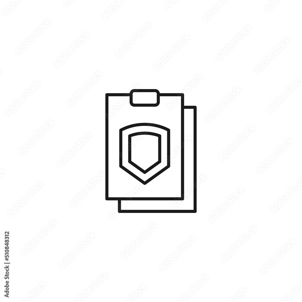 Document, office, contract and agreement concept. Monochrome vector sign drawn in flat style. Vector line icon of armor or shield on clipboard Document, office, contract and agreement concept. Monochrome vector sign drawn in flat style. Vector line icon of armor or shield on clipboard