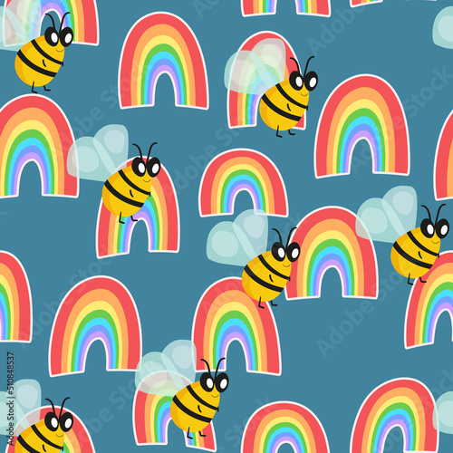 Seamless pattern with bees and rainbow. Small wasp. Vector illustration. Adorable cartoon character. Template design for invitation, cards, textile, fabric. Doodle style