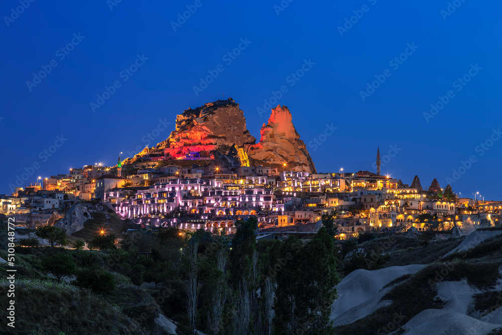 Evening View of the village and fortress Uchisar in Cappadocia. Turkey