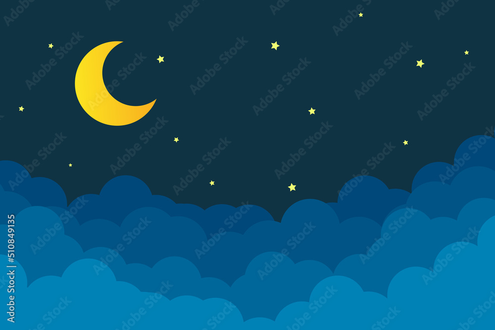 Naklejka premium night sky with stars and moon. paper art style. Dreamy background with moon stars and clouds, abstract fantasy background. Half moon, stars and clouds on the dark night sky background.