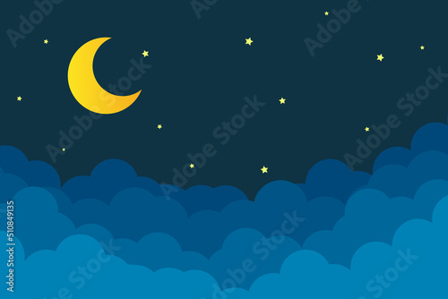 night sky with stars and moon. paper art style. Dreamy background with moon stars and clouds, abstract fantasy background. Half moon, stars and clouds on the dark night sky background.
