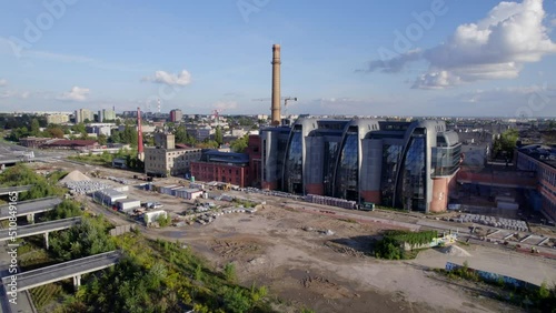 Łódź city on a sunny day. Characteristic places, buildings and streets. Piotrkowska Street from the bird's eye view.