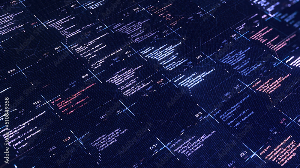 Multiple source codes on digital background. Animation. Program codes ...