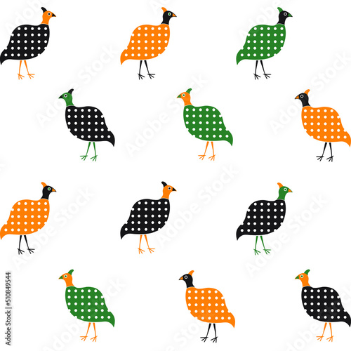 Canvastavla A simple pattern on a white background of stylised orange, green and black guine