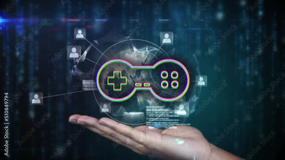 Animation of gamepad icon over data processing and hand holding globe Animation of gamepad icon over data processing and hand holding globe