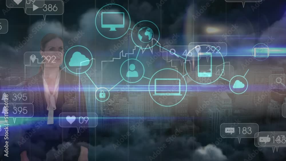 Animation of network of connections with icons over caucasian businesswoman