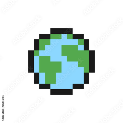 Planet Earth icon in pixel art design isolated on white background, worldwide vector sign symbol