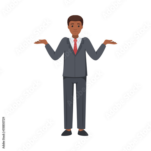 Office African American Man Character in Suit and Red Tie Standing and Shrugging Shoulders Vector Illustration