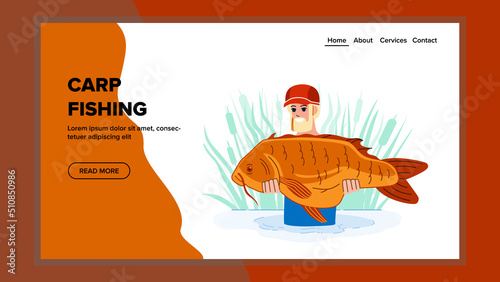 carp fishing vector. lake gear angler, fisherman summer adventure carp fishing character. people flat cartoon illustration