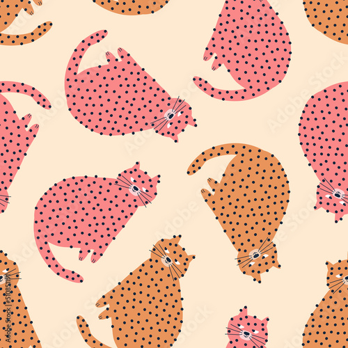 Funny spotted cats hand drawn vector illustration. Cute colorful animal in flat style seamless pattern for kids fabric or wallpaper.