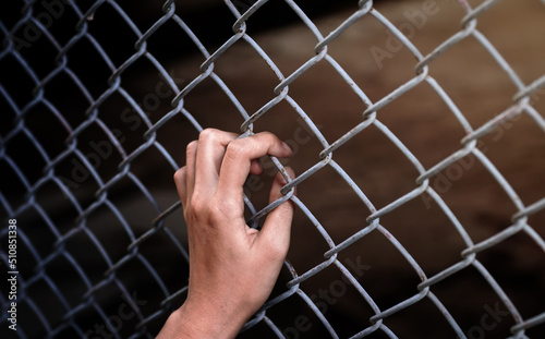 hand with metal fence, concept of the freedom.   
