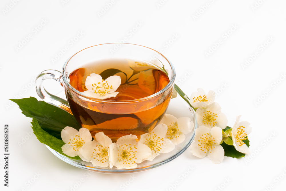 Composition with cup of jasmine tea and flowers on light background Composition with cup of jasmine tea and flowers on light background