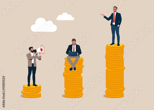 Entrepreneur poor, middle and rich worker standing on stack of their wealth coins. Income gap, inequality revenue in capitalism or career development to earn more income, middle income trap.